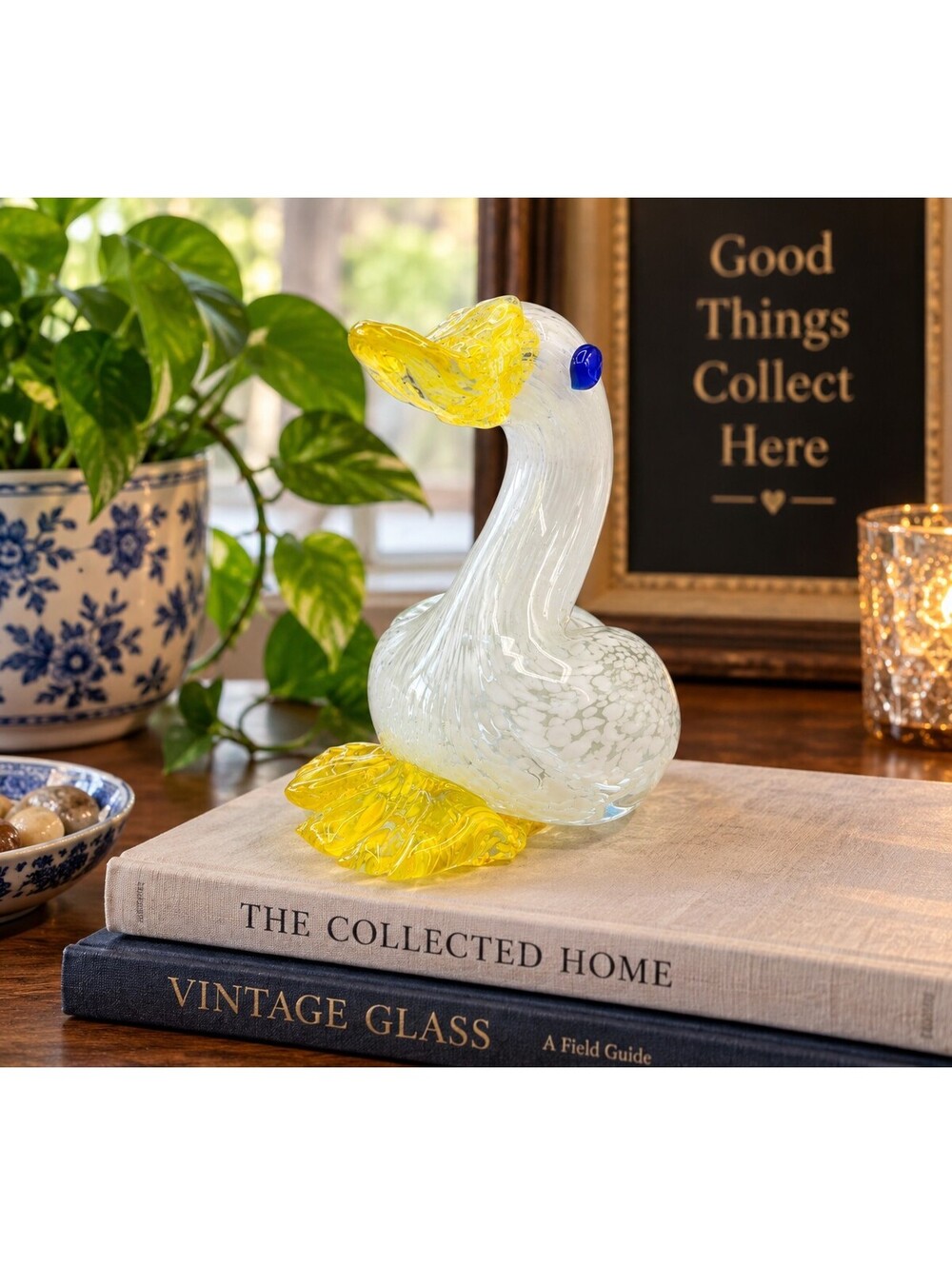 Vintage Art Glass Duck Figurine UV Reactive Selenium Yellow Speckled 5"